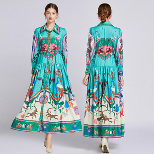 欧式宫廷风高级感复古彩印花大码灯笼袖连衣裙法式英伦风开衫长裙