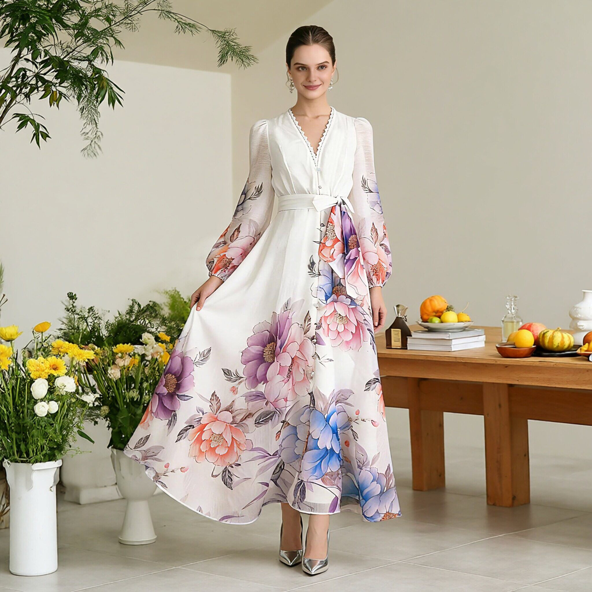 度假拍照好看很仙的大码田园风花卉大码连衣裙名媛明星走秀礼服女