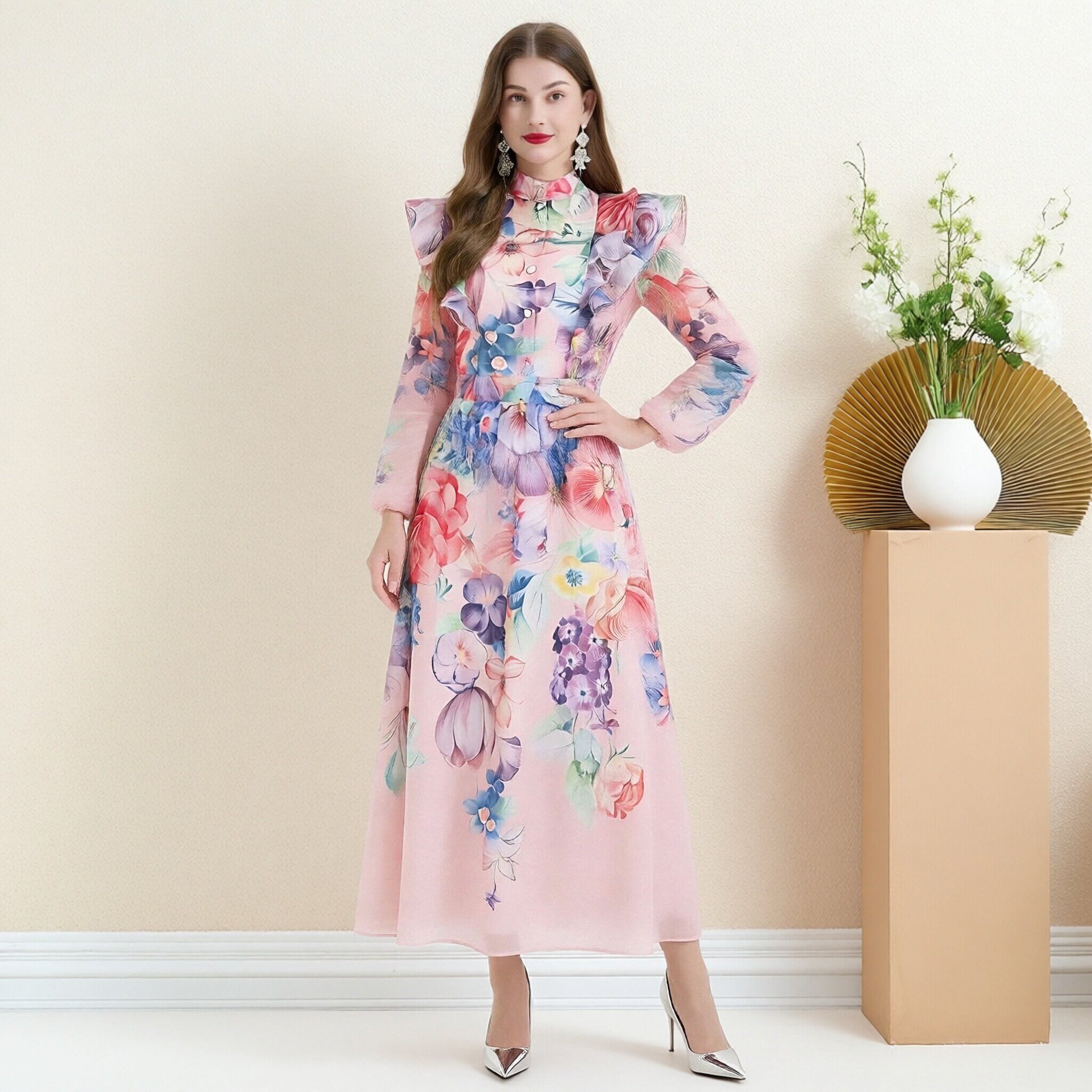 旅行度假拍照好看的彩色花卉大码套装裙女名媛明星走秀优雅晚礼服