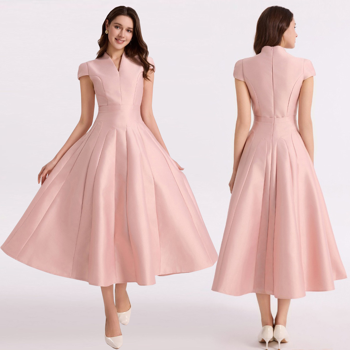 法式优雅气质V领高腰短袖蓬蓬裙好看高级感优雅名媛明星走秀礼服