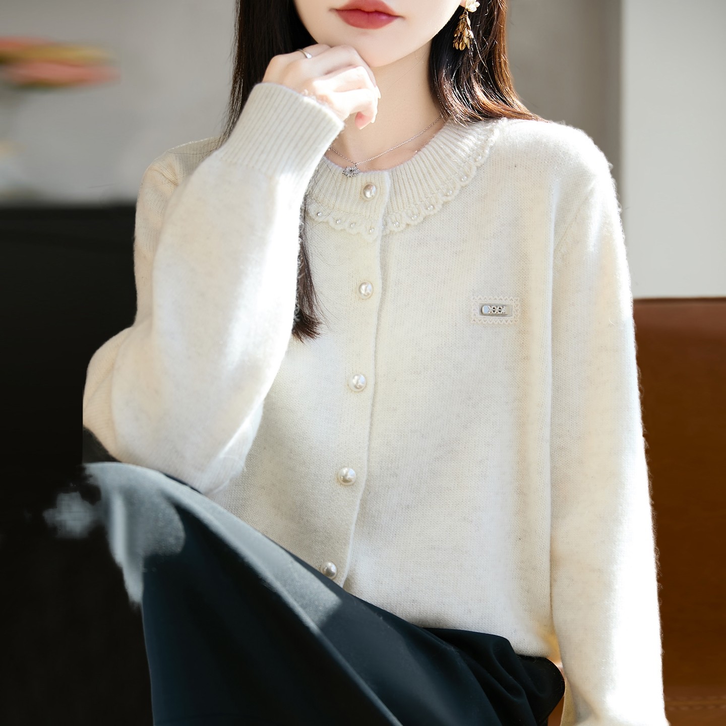 时尚钉珠纽扣针织开衫外套女2026新款洋气大码女装上衣秋冬毛衣,女装/女士精品,毛针织衫,淘宝优惠券,粉丝福利购,淘宝优惠卷