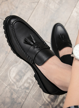 一脚蹬男鞋流苏韩版休闲皮鞋男潮英伦尖头发型师鞋子内增高鞋蓝色