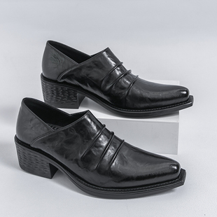 乐福鞋褶皱增高尖头翘头皮鞋时尚通勤巫师休闲鞋德比厚底户外男鞋