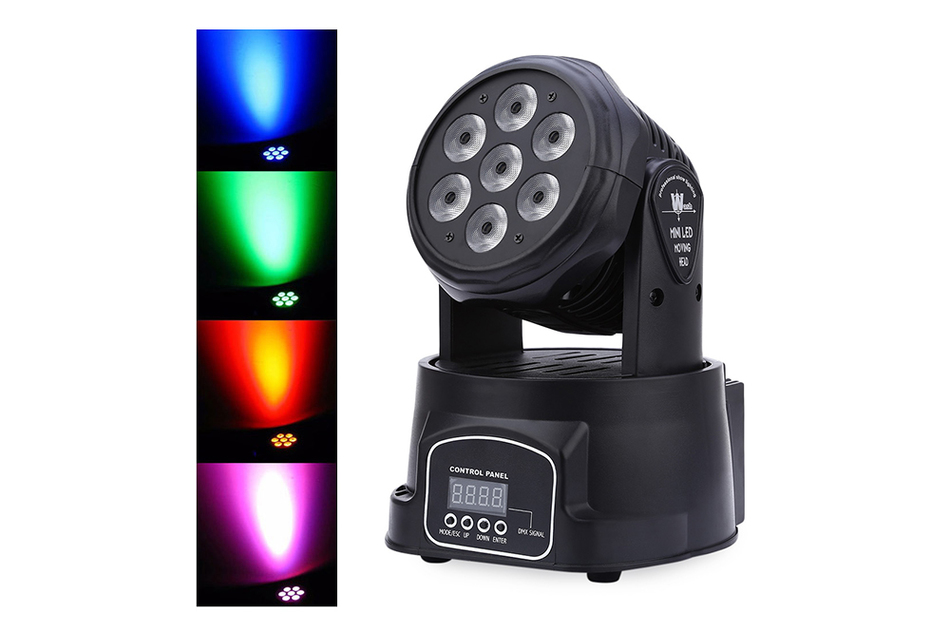 本厂推出KTV酒吧 专用LED摇头灯，外观小巧。精致，有黑 白两色可选，采用7颗10W 四合一灯珠，声控自走 DMX512 多种模式可以选择，现在的摇头灯还设计了带网口配置的，欢迎来电订购