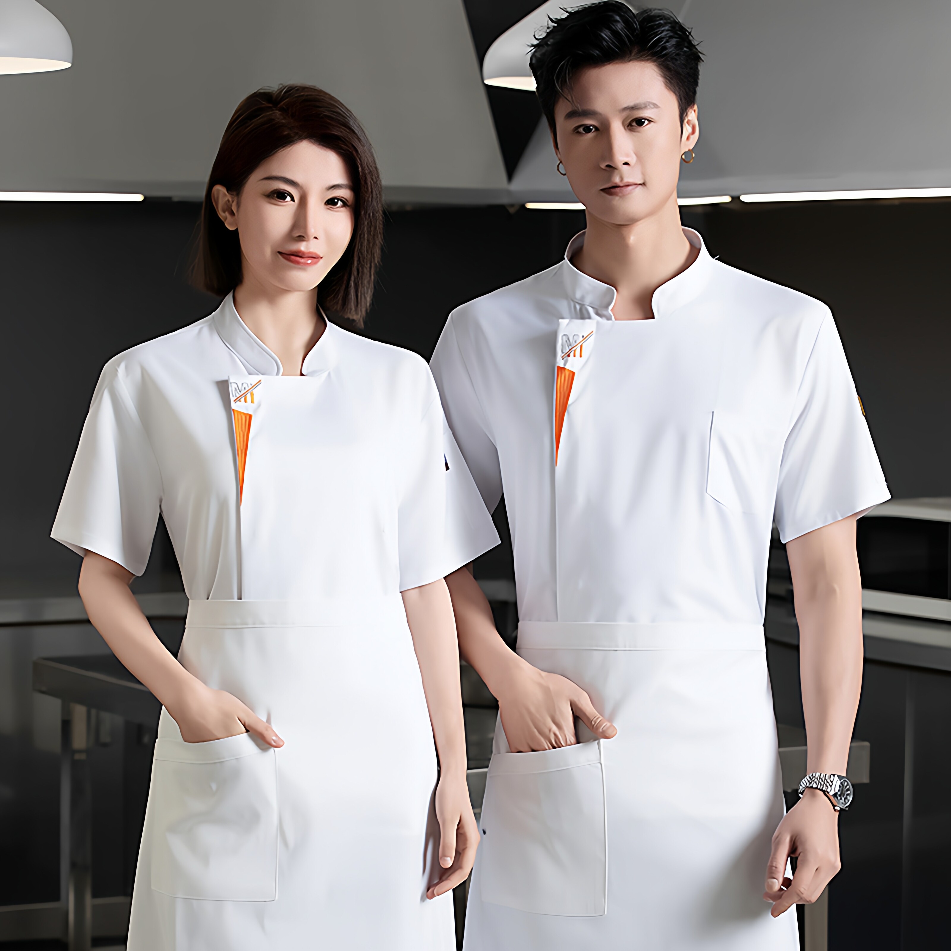 白色厨师工作服男女餐饮厨房立领短袖食堂制服夏季餐饮酒店
