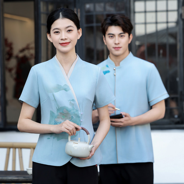 中国风酒店工作服短袖中式餐厅服务员制服男女夏季工装餐饮服装