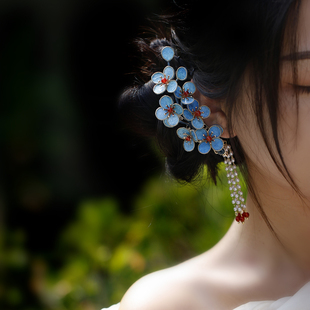 蓝色布绒花朵发夹 手工掐丝花朵盘发 清汉女新娘中式婚礼秀禾发饰