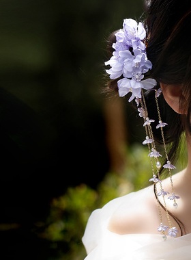 超仙发饰紫色铃兰花流苏发夹新中式侧边绢花紫藤花夹子烫花头饰