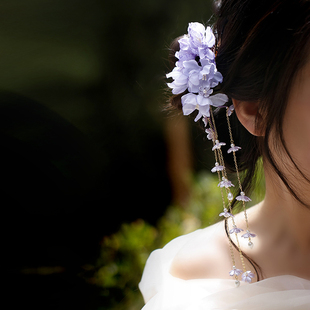 超仙发饰紫色铃兰花流苏发夹新中式侧边绢花紫藤花夹子烫花头饰