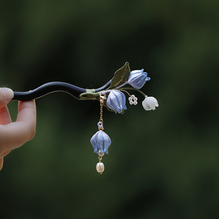 新中式铃兰花朵蓝色流苏木簪子缠花步摇日常通勤旗袍发饰头饰