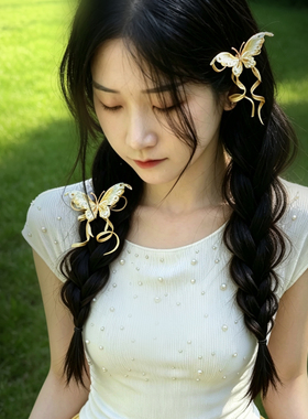甜美刺绣蝴蝶发夹黄色反重力飘带