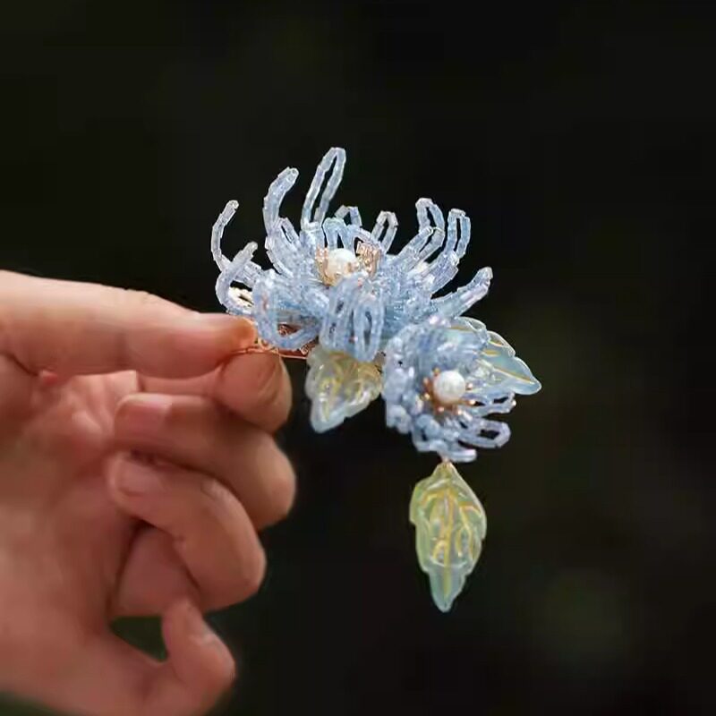 微蓝夏风花朵珠珠发夹日常丸子头头饰中式清新蓝色辑珠菊花