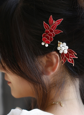 玲珑 红色锦鲤发夹 新中式侧边刘海盘发夹子 女童旗袍秀禾头饰