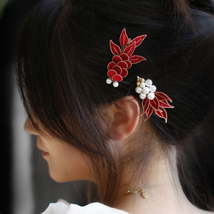 玲珑 红色锦鲤发夹 新中式侧边刘海盘发夹子 女童旗袍秀禾头饰