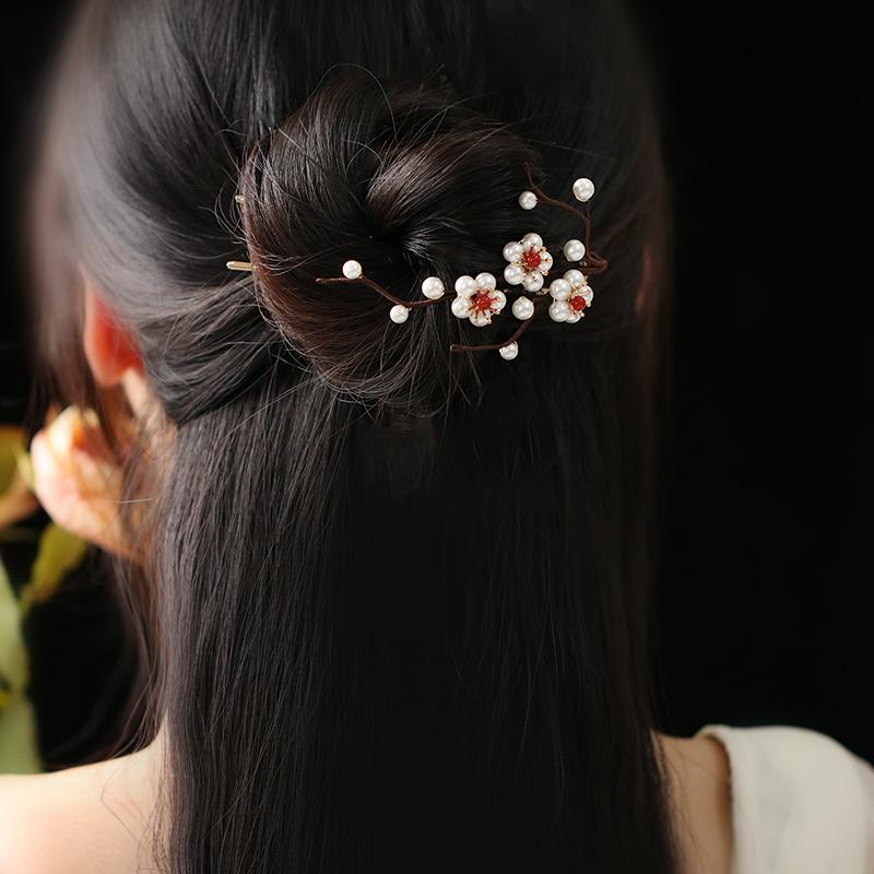 u型珍珠花朵挽发梅花簪子高级感