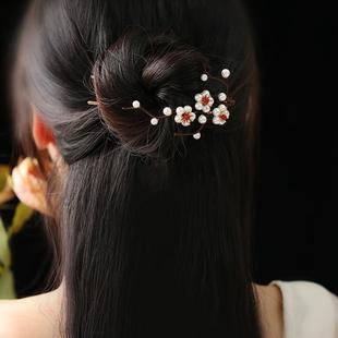 半扎发丸子头簪子旗袍发饰珍珠花朵发簪子国风女高级梅花