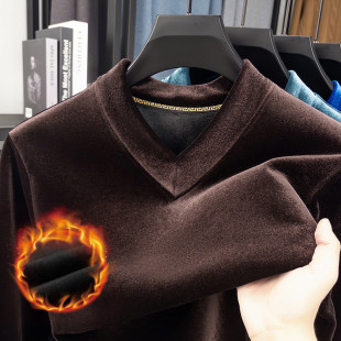 金丝绒V领卫衣男士秋冬季潮流加绒中青年长袖保暖时尚内搭打底衫