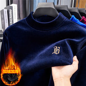 保暖打底衫 金丝绒加绒加厚卫衣男士 半高领秋冬季 内搭刺绣潮流上衣