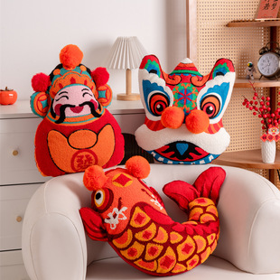 k2中国风国潮抱枕公仔3d立体刺绣醒狮锦鲤财神喜庆靠垫新年结婚礼