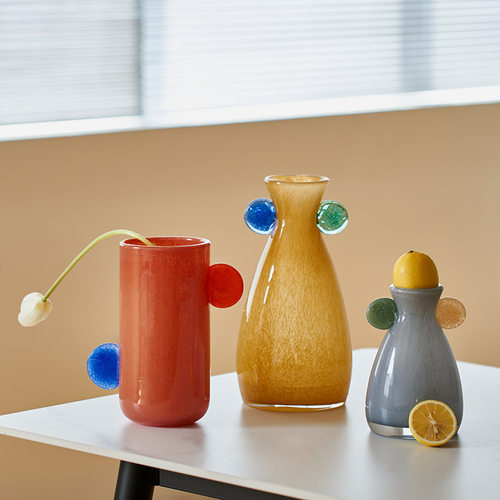 花瓶工艺新品手工双耳渐变中古风小口玻璃花餐桌台面装饰花瓶摆件