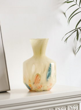 温润玉质琥珀玻璃花瓶样板房客厅家居桌面精致花瓶摆件琉璃花器