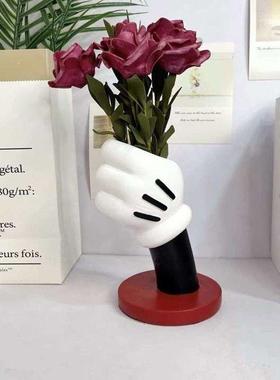 高级感卡通手握花瓶仿真花束客厅桌面装饰插花摆设艺术小众摆件