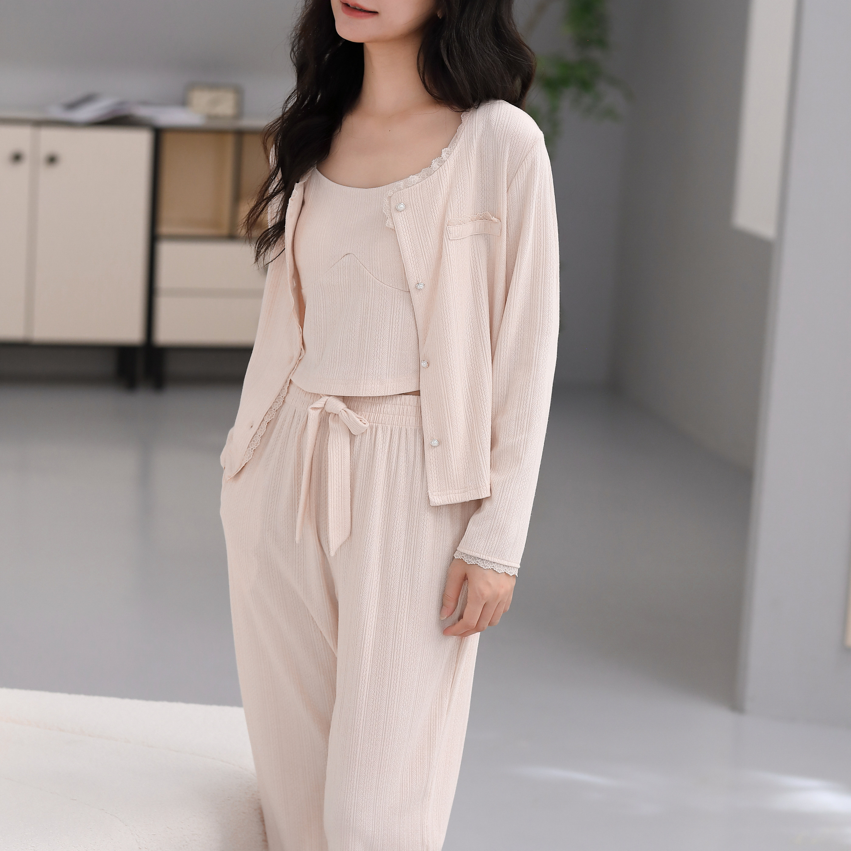 花崎屋女士三件套开衫家居服