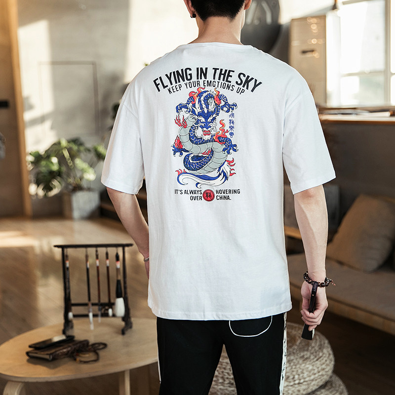 风四神兽图案青龙印花T恤男夏季棉短袖QT4011-T08青龙-P40,男装T恤,星座301D-2(原钱塘4011)