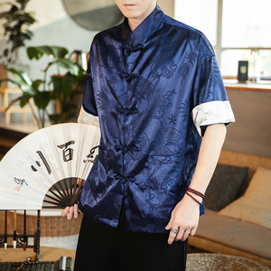 春夏新款风绸缎提花冰丝立领汉服唐装休闲大码短袖SY03-P55图片