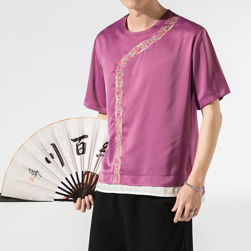 胖子大码缎面假两件拼接绣花 西域绣花短袖T恤钱塘4011—T22 P30图片