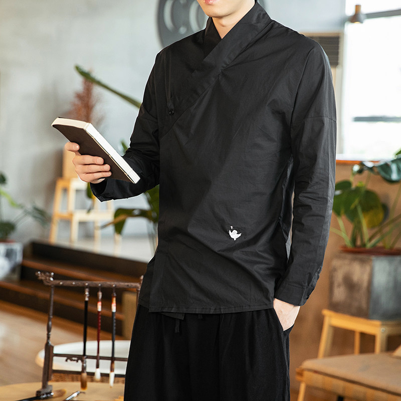 风学生中性时尚衬衫交领轻奢改良汉服元素打底上衣-C303-P70,男装衬衫,星座301D-2(原钱塘4011)