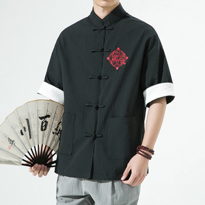 白墙夏季盘扣衬衫宽松七分袖衬衣刺绣潮流立领大码男装 SY12-P65图片