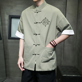 唐装男士盘扣中式立领百搭衬衣夏休闲上衣复古七分袖衬衫-SY12-65，男装衬衫，星座301D-2(原钱塘4011)