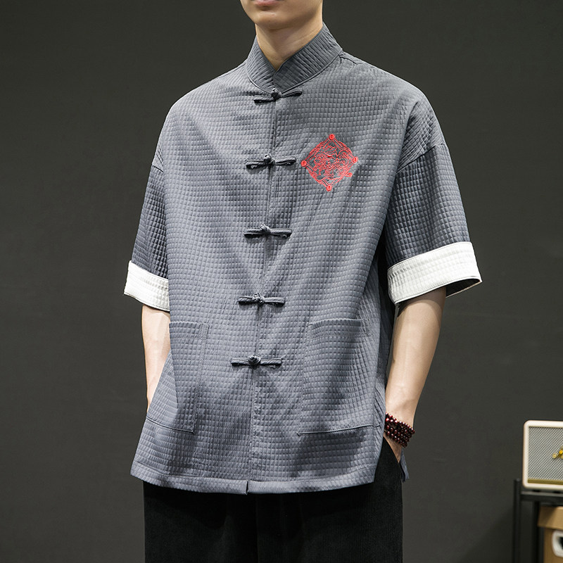 唐装盘扣中式立领百搭衬衣夏休闲上衣复古七分袖衬衫-SY12-65,男装衬衫,星座301D-2(原钱塘4011)
