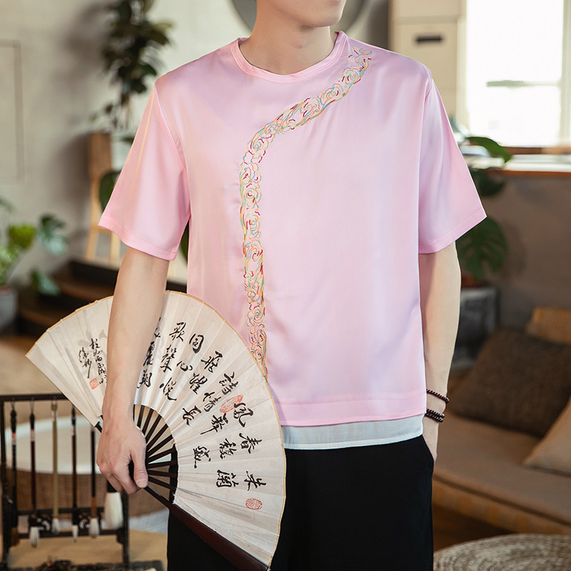 2021夏西域绣花缎面假两件拼接绣花短袖T恤钱塘4011-T22P45,男装T恤,星座301D-2(原钱塘4011)