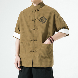白墙夏季盘扣衬衫宽松七分袖衬衣刺绣潮流立领大码男装 SY12-P65图片