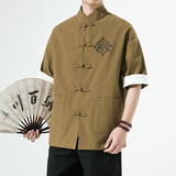 白墙夏季盘扣衬衫宽松七分袖衬衣刺绣潮流格子大码男装SY12-P65，男装民族服装，星座301D-2(原钱塘4011)