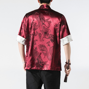 春夏新款风绸缎提花冰丝立领汉服唐装休闲大码短袖SY03-P55图片