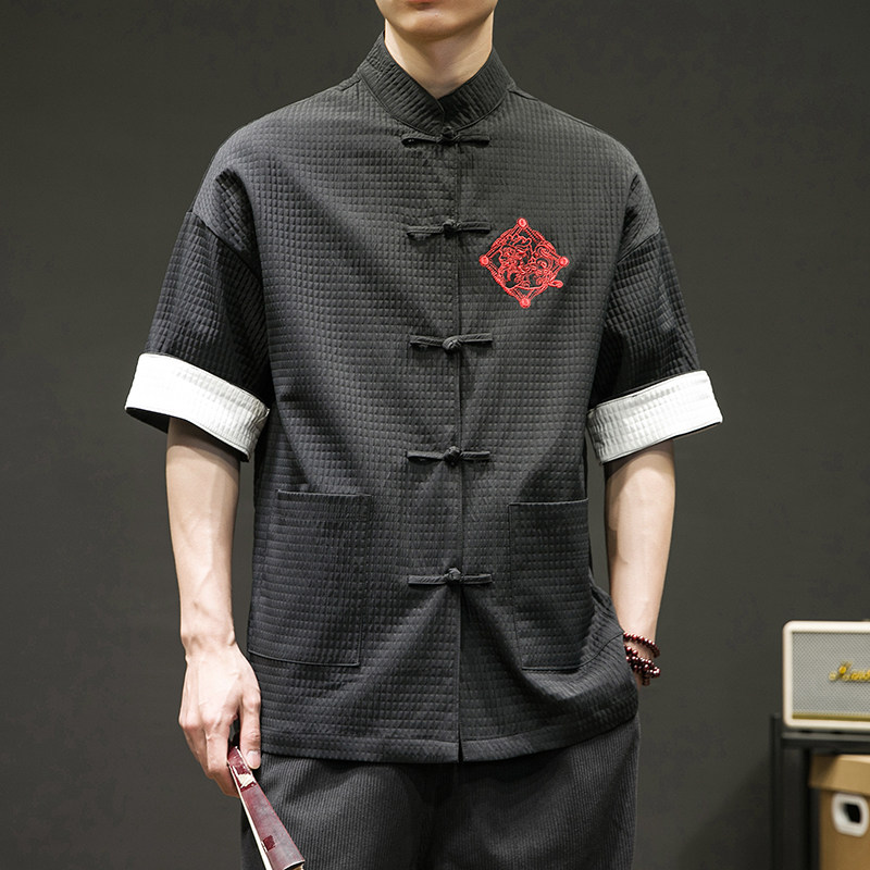 刺绣麒麟风盘扣中式立领百搭衬衣夏休闲上衣复古SY02-65,男装衬衫,星座301D-2(原钱塘4011)