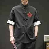 刺绣麒麟风盘扣中式立领百搭衬衣夏休闲上衣复古SY02-65，男装衬衫，星座301D-2(原钱塘4011)