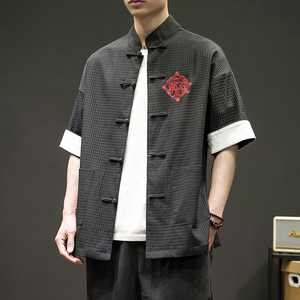 夏季男士衬衫宽松七分袖衬衣刺绣潮流格子刺绣大码男装 sy12-P65图片