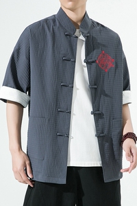 白墙夏季盘扣衬衫宽松七分袖衬衣刺绣潮流立领大码男装 SY12-P65图片