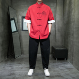 唐装男士盘扣中式立领百搭衬衣夏休闲上衣复古七分袖衬衫-SY12-65，男装衬衫，星座301D-2(原钱塘4011)