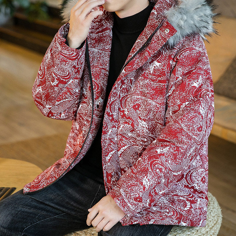 年年有鱼印花毛领连帽宽松棉衣男棉服男外套棉袄-M66-P130图片