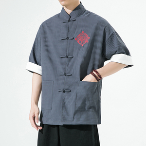 白墙夏季盘扣衬衫宽松七分袖衬衣刺绣潮流复古大码男装 SY12-P65图片