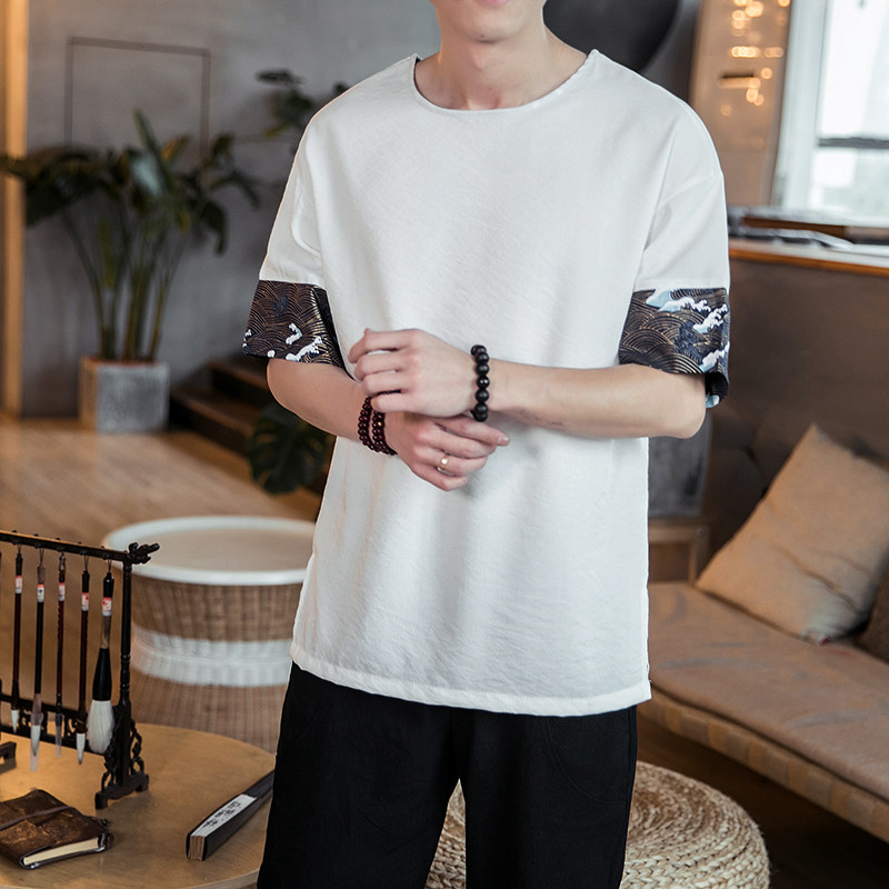 夏季风男装拼接仿麻亚麻短袖圆领大码男装QT4011-T04-P45,男装T恤,星座301D-2(原钱塘4011)