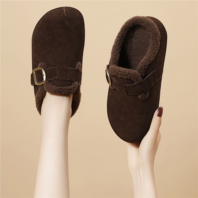 包头半拖鞋女外穿2025新款冬季加绒保暖一脚蹬棉拖厚底增高勃肯鞋