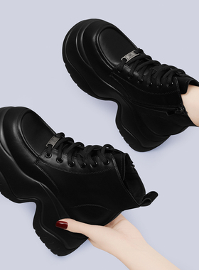 黑色马丁靴女款2025新款季加绒短靴厚底增高小个子真皮软底皮鞋