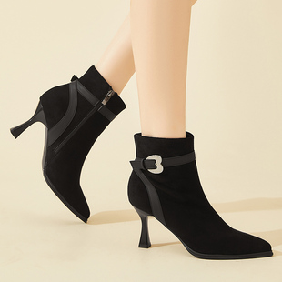 时尚高跟瘦瘦靴英伦风马丁靴2025新款秋冬季黑色尖头细跟短靴女款