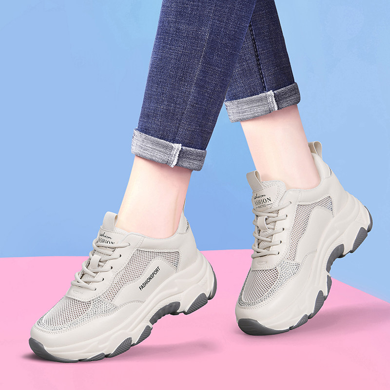 夏季网面透气运动休闲鞋2025新款厚底舒适软底薄款网鞋老爹鞋女款